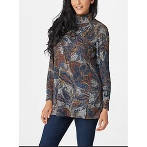 Susan Graver Weekend XL Mock Neck Paisley Print Long Sleeve Tunic Top XL